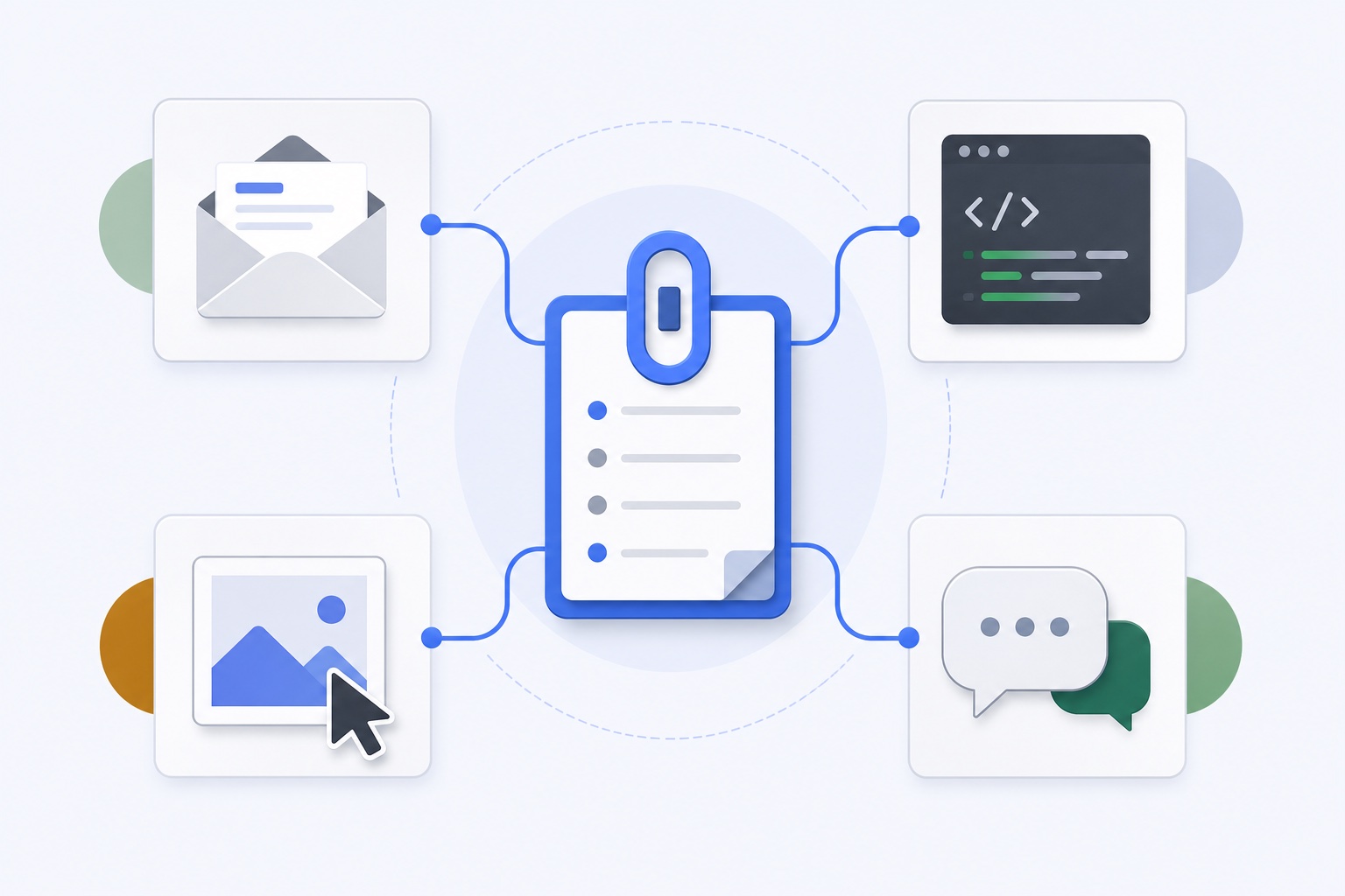 Illustration of a clipboard hub connecting separate mail, code, design, and support workflows.