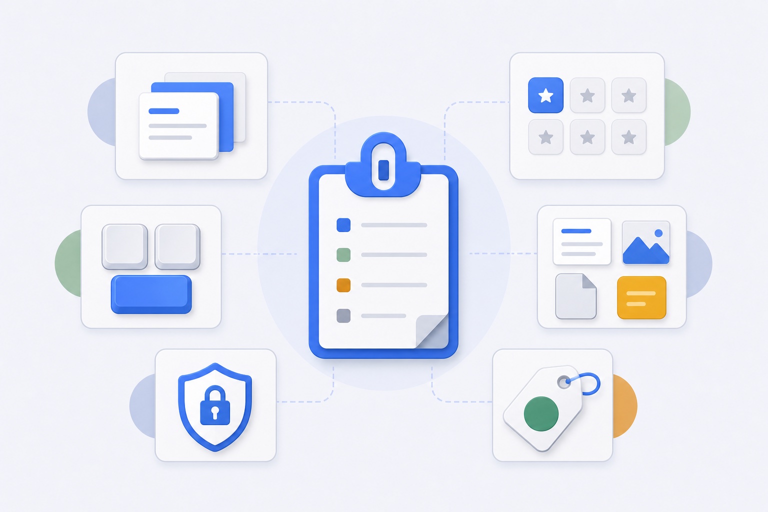 Illustration comparing clipboard history, favourites, keyboard access, file support, privacy, and pricing in one Mac workflow.