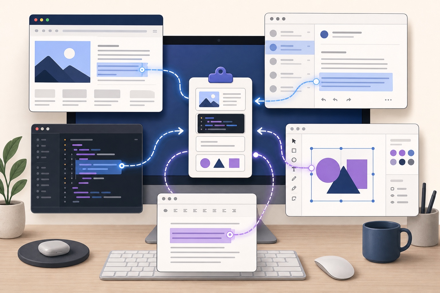 Illustration of a focused Mac clipboard workflow for commands, notes, links, and reusable project material.
