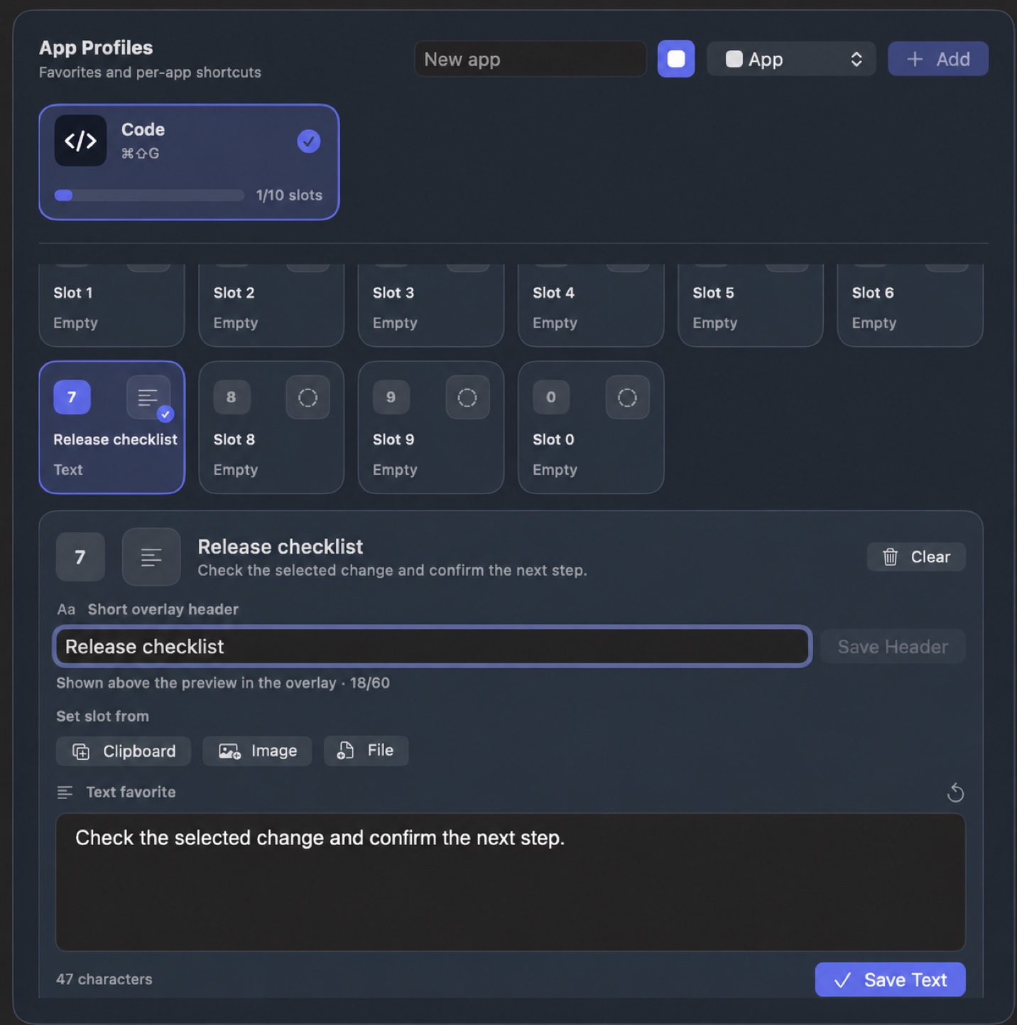 WhatTheClip App Profiles area showing the Code profile and its numbered favourite slots.