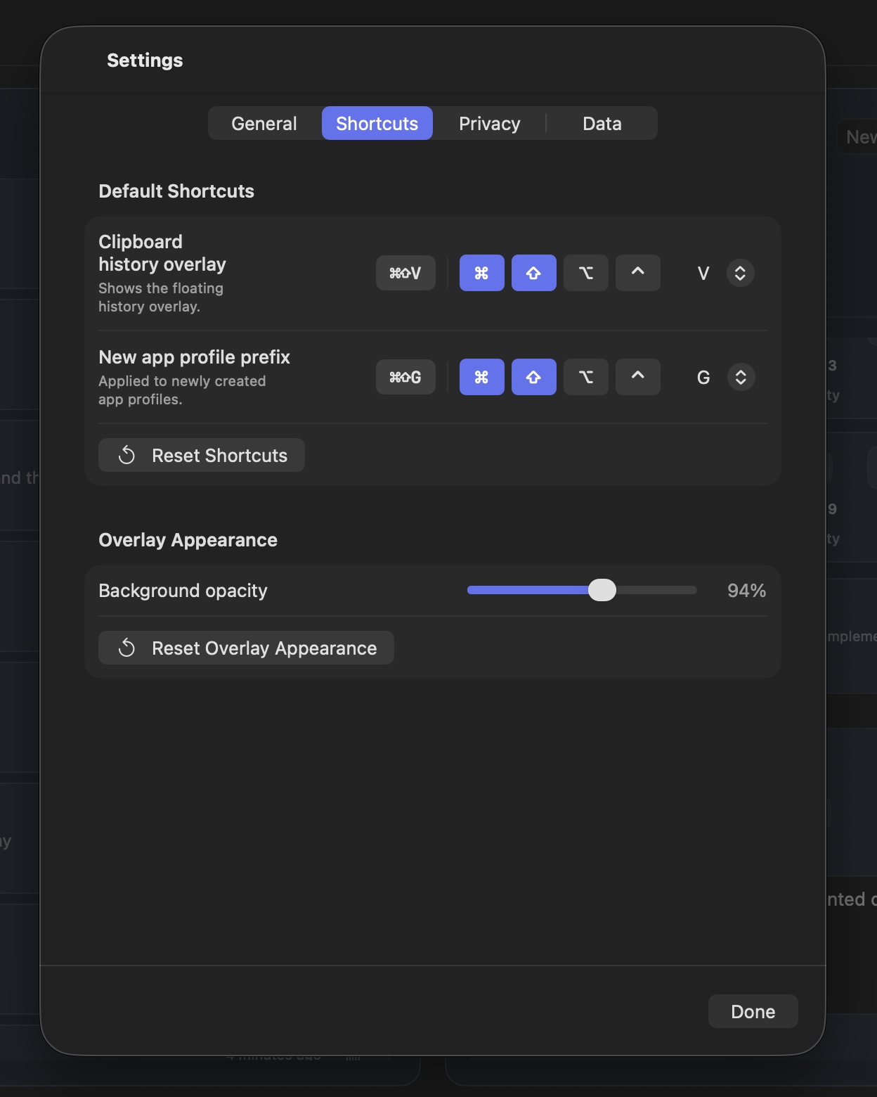 WhatTheClip Shortcuts settings showing the clipboard history overlay and new App Profile prefix shortcuts.